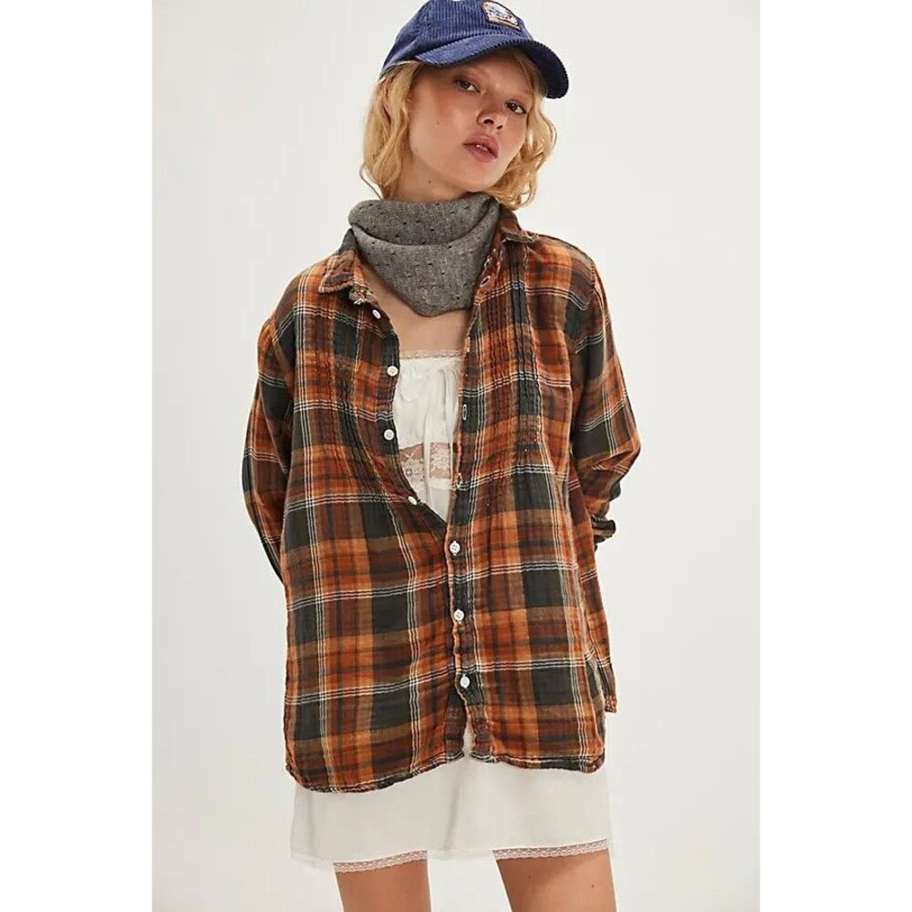 Free People x CP Shades Womes Julie Tuck Plaid Button Shirt Long Sleeves Size XS